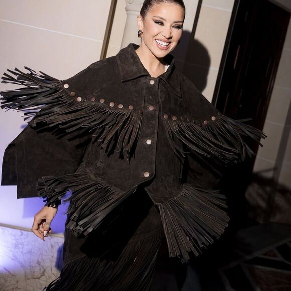 Lorena Saravia H&M Fringed Suede Cape Jacket ONE SIZE - Picture 9 of 15